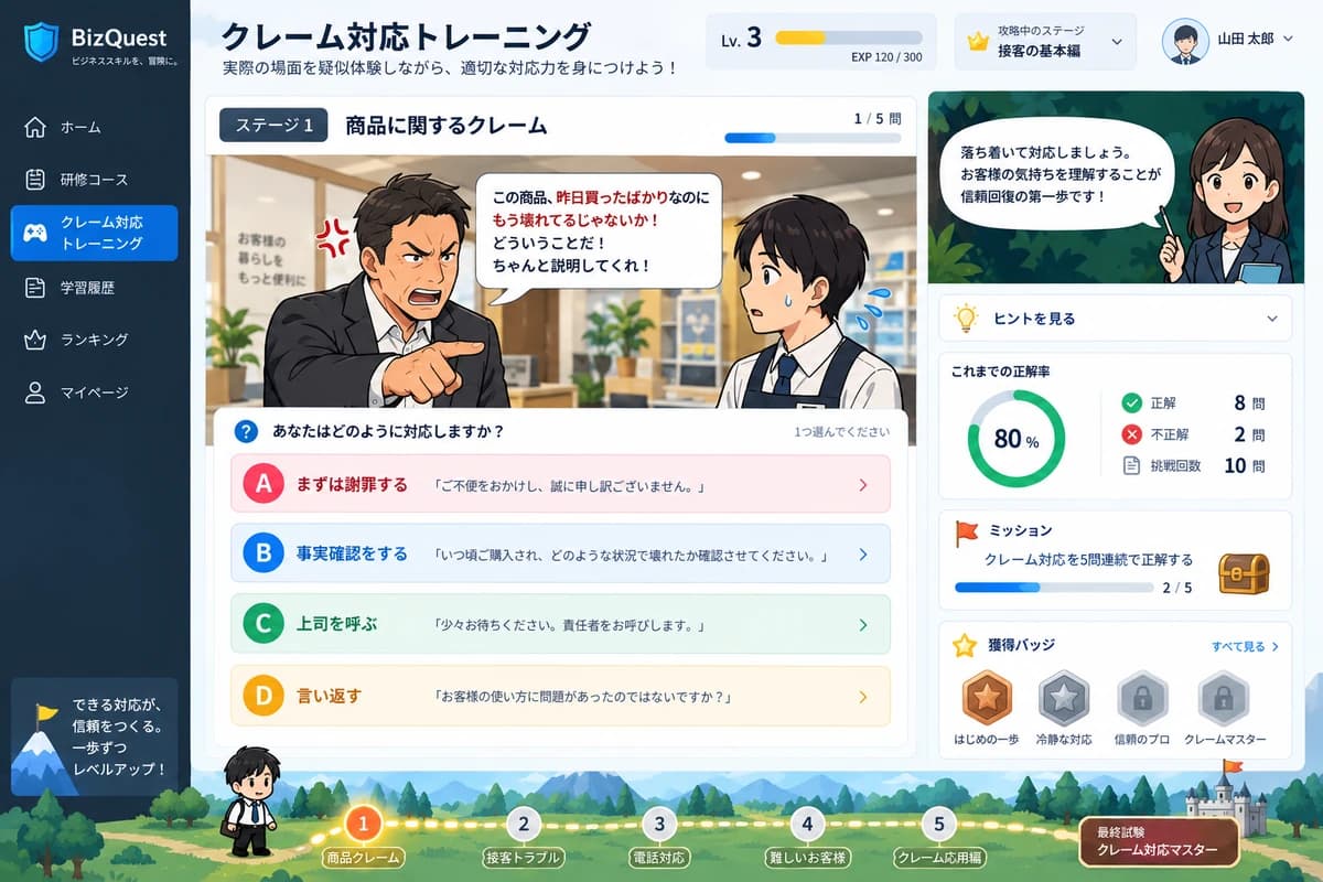 クレーム対応トレーニングの画面イメージ